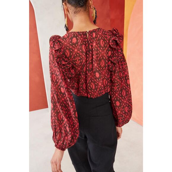 Ulla Johnson Medine Red Patterned Ruffle Silk Blouse US 6 - Picture 2 of 8